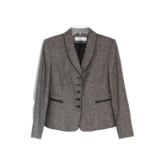 Tahari Arthur S Levine Blazer Wool Blend Fitted Gray Black Piping Accents Sz 4P - Picture 2 of 6